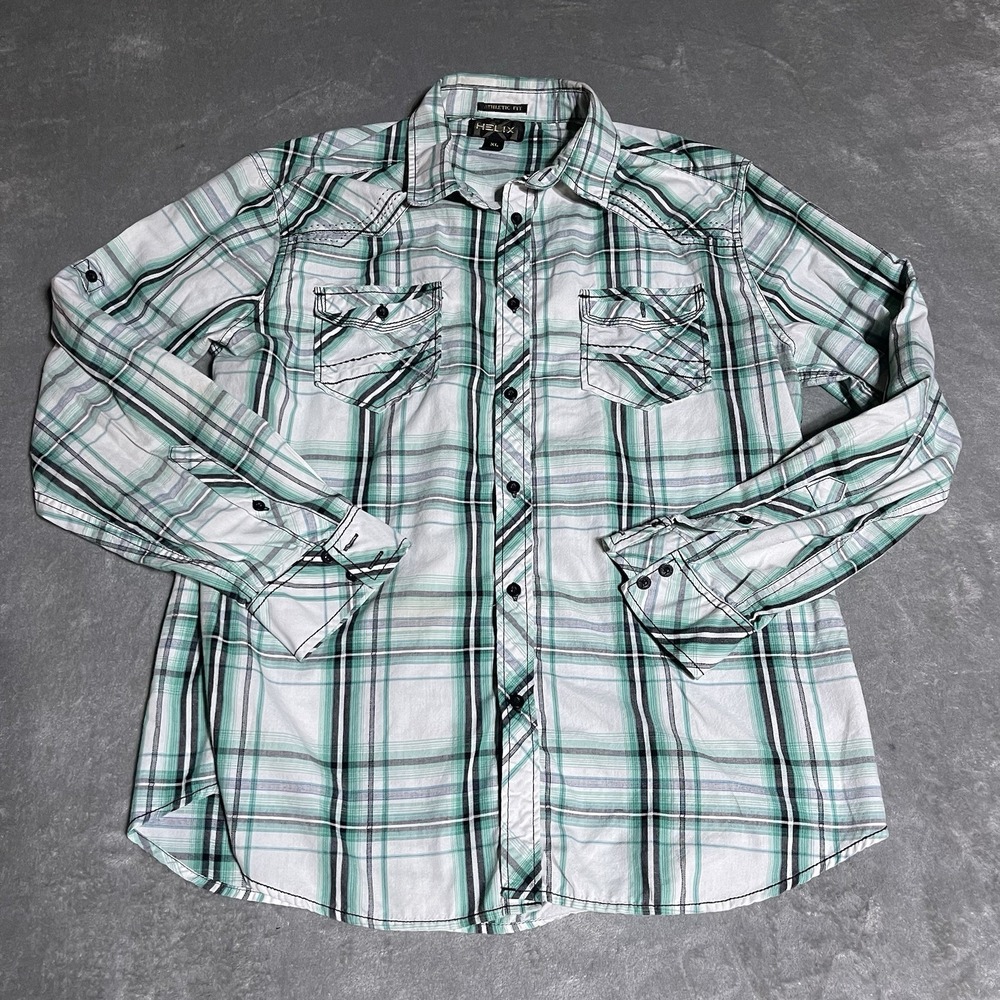 Helix Athletic Fit Plaid Button Shirt Mens XL‎ Green Long Sleeve Western Preppy